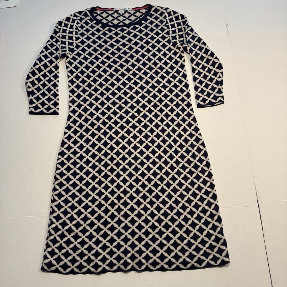 Boden Womens Knit Dress Size 8R Navy Cream Geometric Lattice Pattern Stretch